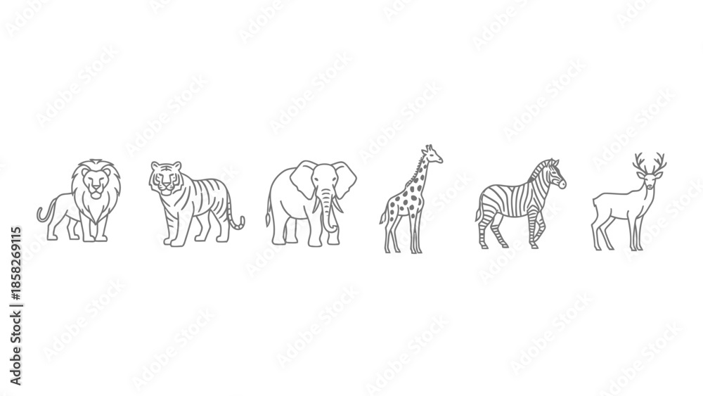 Fototapeta premium A collection of minimal black and white line art icons depicting various wild jungle and savanna animals including a lion tiger elephant giraffe zebra and deer