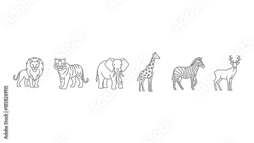 A collection of minimal black and white line art icons depicting various wild jungle and savanna animals including a lion tiger elephant giraffe zebra and deer