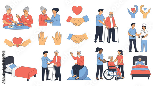 Elderly care and nursing home services vector illustration set.