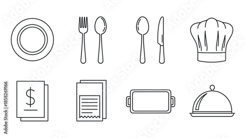 Collection of simple black outline icons representing essential restaurant service elements including dining utensils kitchen wear financial receipts and serving trays for gastronomy concepts