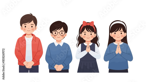 Four diverse cartoon children standing together with hands clasped in a friendly gesture against a clean white background.