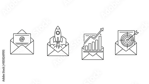 A set of four clean outline icons representing essential email marketing concepts including contact initiation launch growth and precise targeting achievements in digital communication