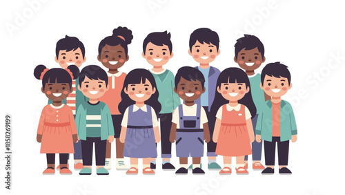 Illustration of a diverse group of children standing together with different skin tones and outfits on a plain white background.