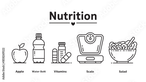 Nutrition Icons with Apple, Water Bottles, Vitamins and Scale and Salad