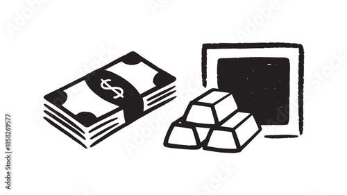 Cash Money and Gold Bars with Piggy Bank