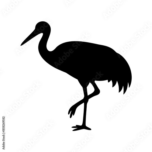 Silhouette of a Heron Standing on One Leg Against a White Background