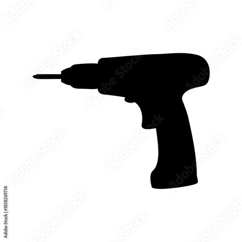 Black silhouette of cordless power drill on a white background image