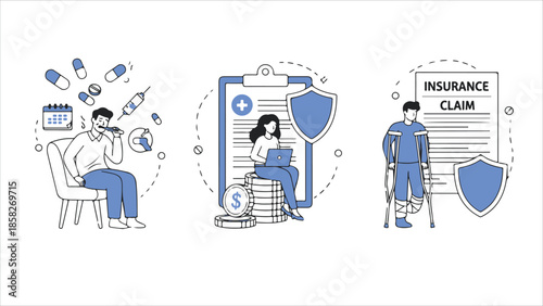  Employee insurance benefits flat vector illustration set