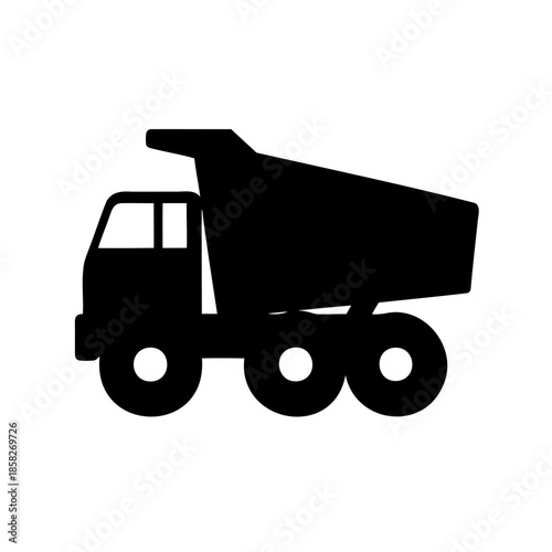 Black silhouette of a dump truck on white background, heavy equipment
