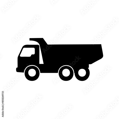 Simple black and white icon of a dump truck with six wheels