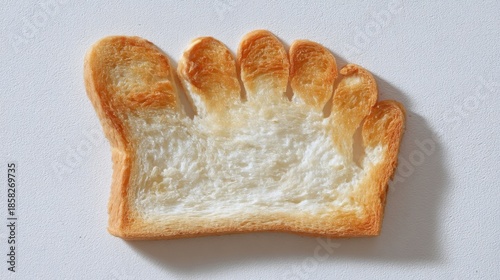 A piece of toast shaped like a hand with five fingers rests on a white surface,