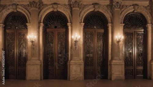 Grand Entrance Arches with Ornate Doors and Warm Lighting.