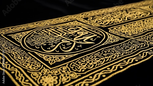 A close-up of the black and gold embroidered Kiswah, covering the Kaaba, featuring intricate Arabic calligraphy and Islamic patterns.