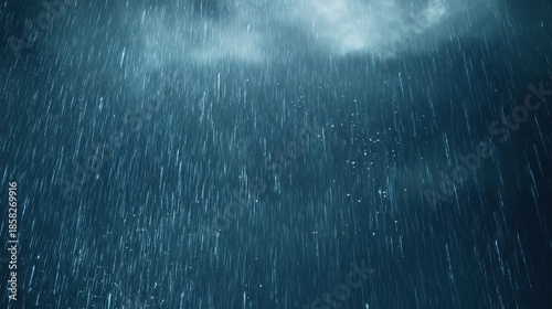 Rainstorm weather, strong storm accompanied by lightning and thunder, dark clouds in sky, rain poured down, suitable for weather reports, dramatic, or natural force theme designs.