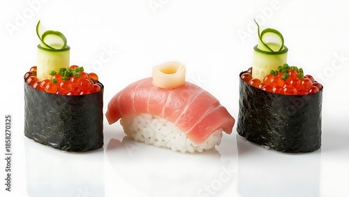 Wallpaper Mural Gourmet Tuna Nigiri and Salmon Roe Gunkan Maki Sushi on White image photo Torontodigital.ca