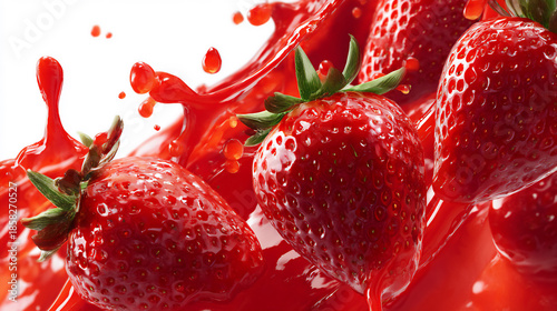 Fresh strawberries splash in red liquid during food preparation in a kitchen setting at daytime
