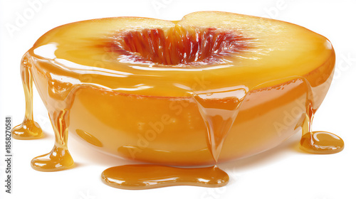Fresh peach cut in half with syrup dripping down on a white background during bright daylight