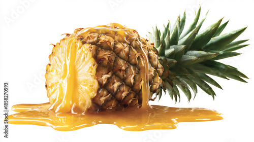 Fresh pineapple with juice spilling on a white surface during daytime in a kitchen setting