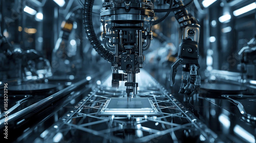 Robotic arm precisely placing microchip on automated assembly line in futuristic factory