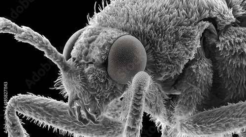 Macro insect head and compound eye with antennae, microscopic detail, black background