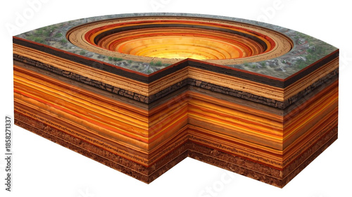 Earth's Cross-Sectional Layers Showing Core, Mantle, Crust, and Surface Detail