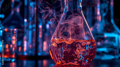Close-up of Chemical Reaction in Flask with Colorful Smoke and Bubbles