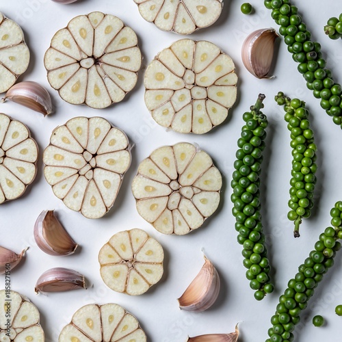 Fresh Garlic Slices and Green Peppercorns on White Background.