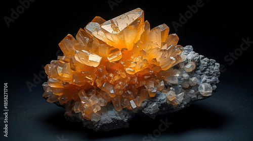Cluster of striking orange calcite crystals growing on a dark rocky base