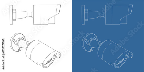 Isometric CCTV Security Camera Technical Drawing Wireframe Perspective
