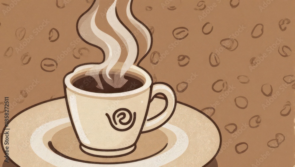 Obraz premium Steaming Coffee Cup on Saucer with Coffee Bean Background.