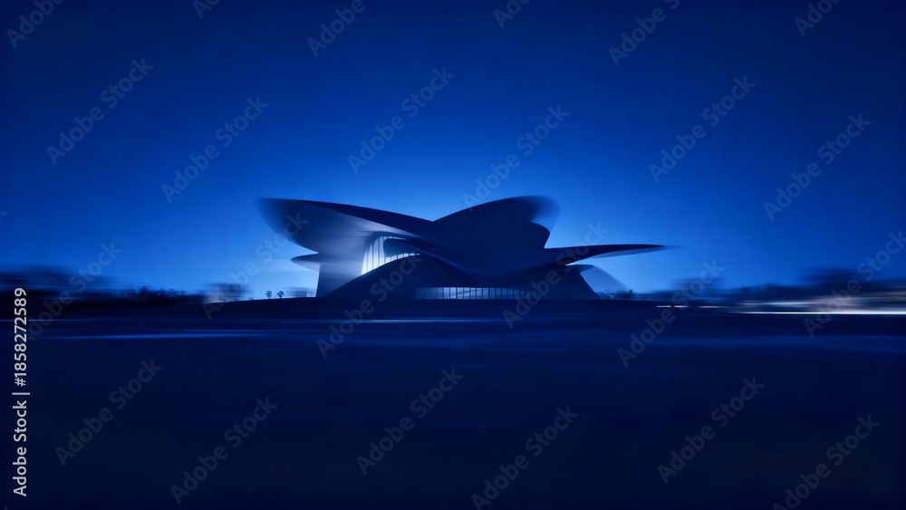Obraz premium Skyline of a minimalist abstract architectural group with a deep blue gradient; against a vast, radiant background