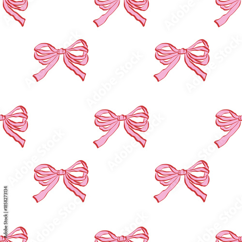 Cute seamless pattern with pink hand drawn bows. Vector background with ribbons . Delicate, feminine, and whimsical design perfect for stationery, packaging, fabrics, wallpapers, and digital projects.