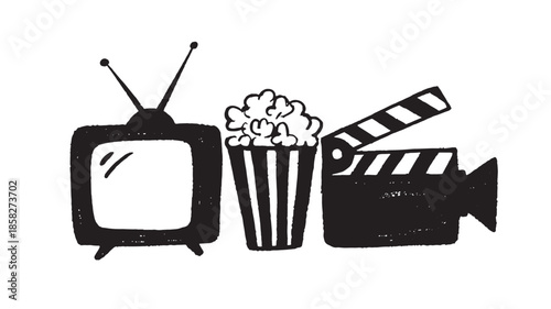 Vintage Television, Popcorn, and Film Clapperboard on White Background