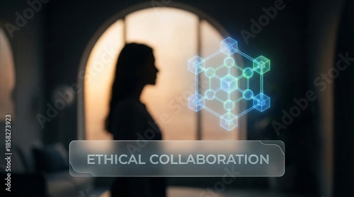 Ethical collaboration concept with human silhouette and digital technology overlay