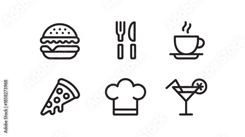 Food and Drink Icons Set Including Burger, Utensils, Coffee and Pizza, Chef Hat, and Cocktail
