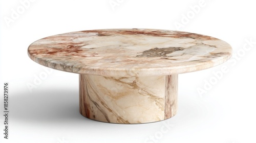 A round coffee table with a sleek marble finish features a large circular top supported by a single central pedestal cra