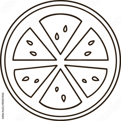 A black and white cutaway illustration of a sliced orange fruit with seeds.