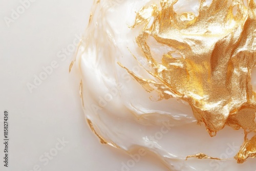 Abstract close-up of flowing white texture accented with shimmering gold details. Organic shapes, metallic highlights, luxurious artistic composition for premium branding, beauty concepts, backgrounds