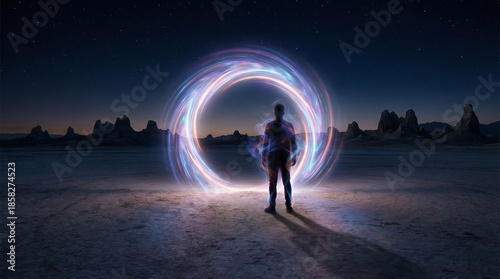 Silhouetted person standing inside glowing energy portal in vast desert at night with futuristic sci-fi atmosphere