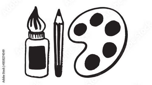 Ink Bottle, Pencil, and Paint Palette Isolated on White Background