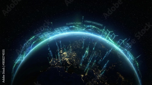 Glowing digital network encircling Earth horizon representing global connectivity and technological transformation