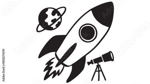 Rocket Ship Blasting Off into Space with Planet and Telescope