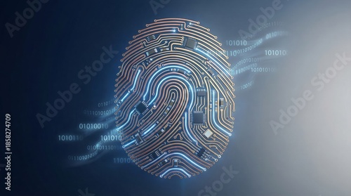 Digital fingerprint formed by glowing circuit lines symbolizing biometric identity and advanced cybersecurity technology