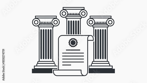 Legal Document and Pillars Symbolizing Justice and Law.
