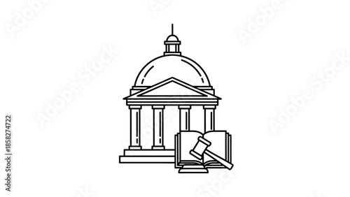 Legal Building with Gavel and Open Book Icon.