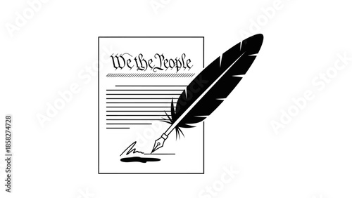 Feather Quill Writing on Constitution Document.