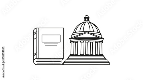 Illustration of a book next to a courthouse building.