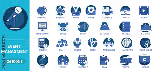 Comprehensive event planning icons set featuring stage, venue, schedule, catering, logistics, marketing, staff, decor, attendance, and registration elements for professional event management design.