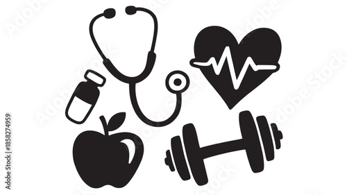 Healthcare Fitness Icons with Stethoscope, Heart Rate, Dumbbell and Apple and Pill