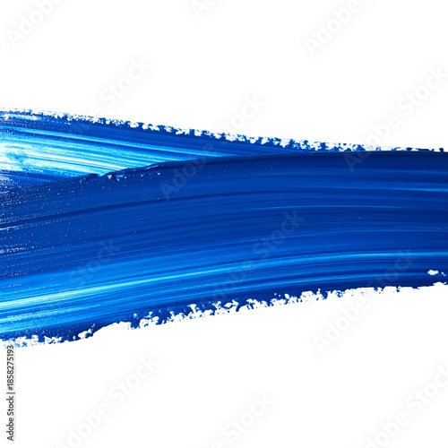 Bold, flowing blue paint stroke against a black background, with visible brush texture